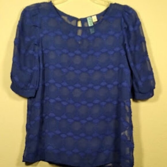 Aina Be Semi Sheer Royal Blue Short Sleeve Peasant Style Blouse Size:S - Picture 10 of 14